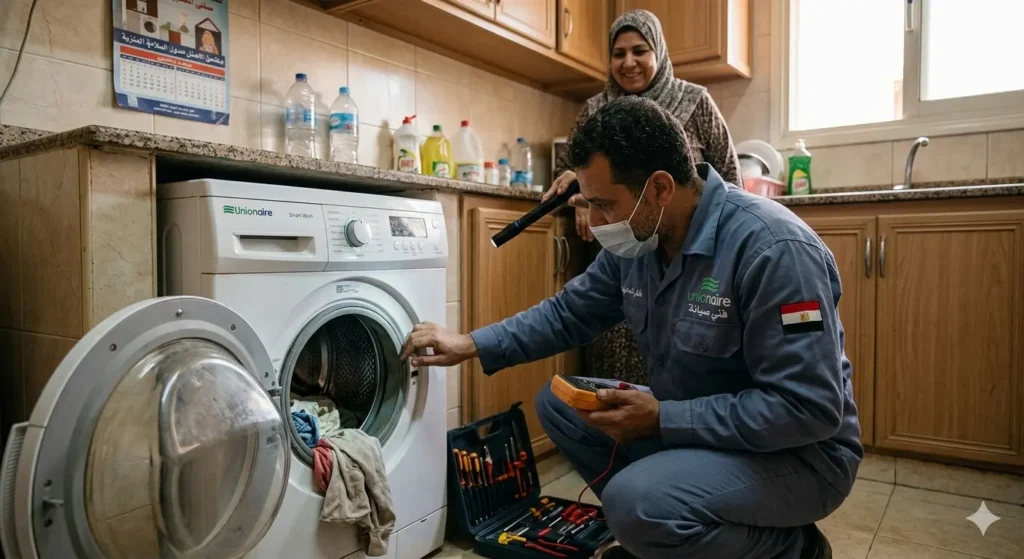 صورة توضح فني صيانة الغسالات يعمل على اصلاح لوك باب الغسالة ويمسك في يدة جهاز افوميتر