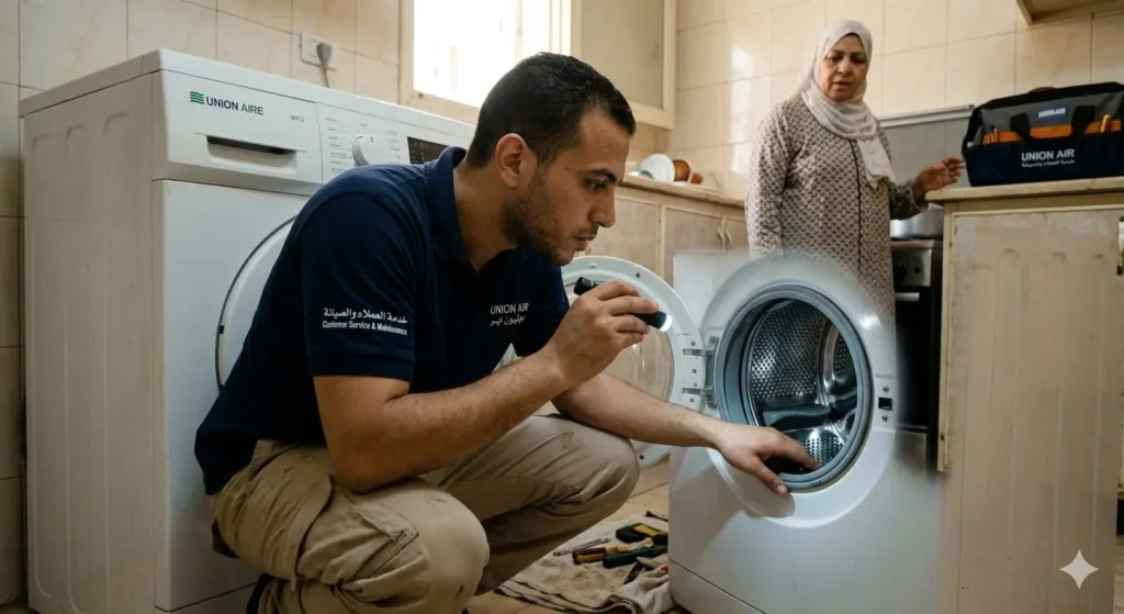 صورة توضح فني صيانة الغسالات يقوم بفحص حلة غسالة بمنزل العميل ويمسك في يده كشاف اضائة