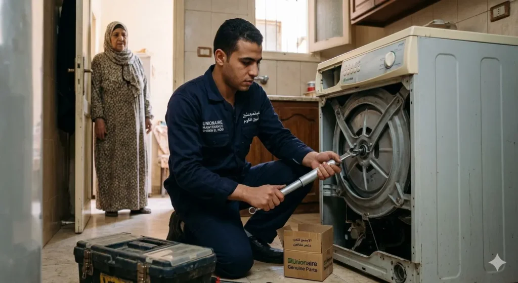 صورة توضيحية حول فني صيانة غسالات يقوم بفحص غسالة ملابس بمنزل العميلة في منطقة شنوان