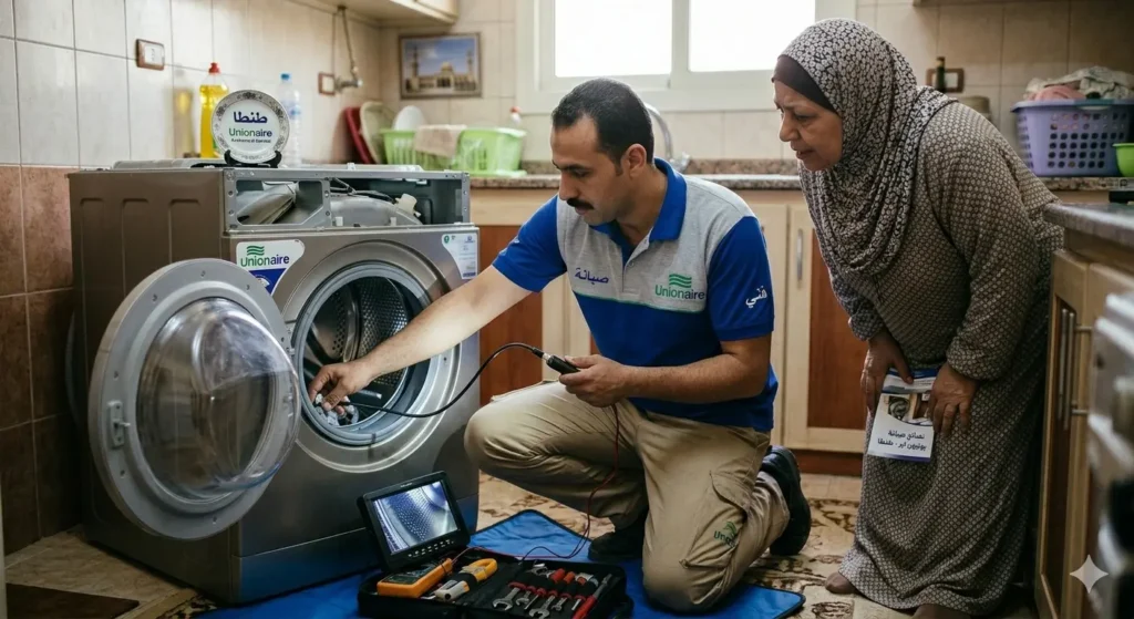 صورة توضح فني صيانة الغسالات يقوم بشرح اسباب تلف كاوتشة باب غسالة يونيون والعميل يستمع له
