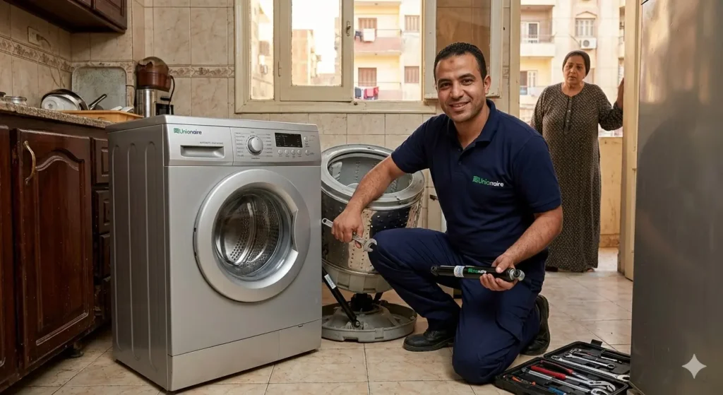 في هذه الصورة، يظهر الفني مرتدياً زي الشركة وهو يفك المساعد القديم لغسالة في مطبخ منزلي