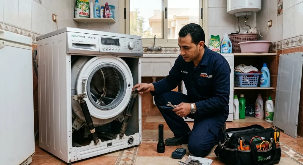 صورة توضح فني صيانة الغسالات يونيون اير يقوم بفحص مساعدين الغسالة بمطبخ عميل