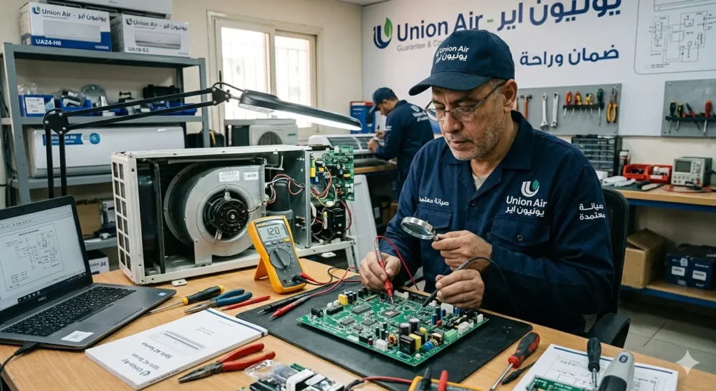مهندس صيانة الكترونيات يقوم بفحص بوردة تكييف 