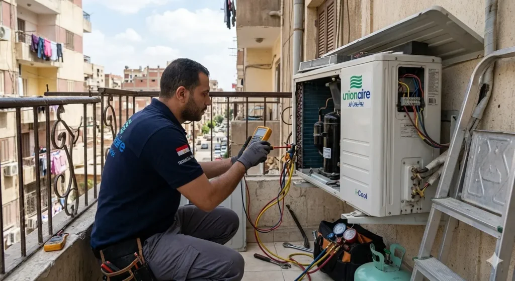 فني صيانة يقوم بفحص دائرة كهربائية لتكييف