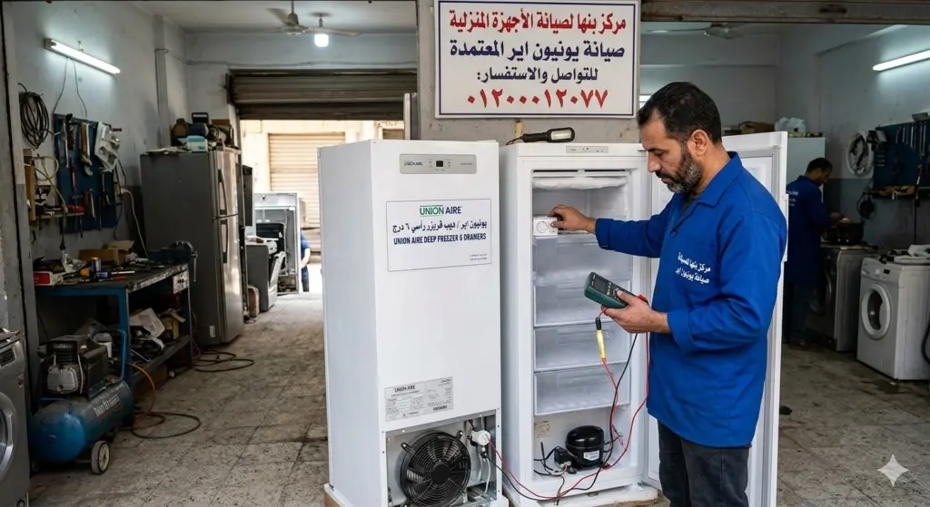 صورة توضيحية حول صيانة ديب فريزر يونيون اير في بنها داخل الورش، حيث يقوم مهندس خبير بفحص العطل