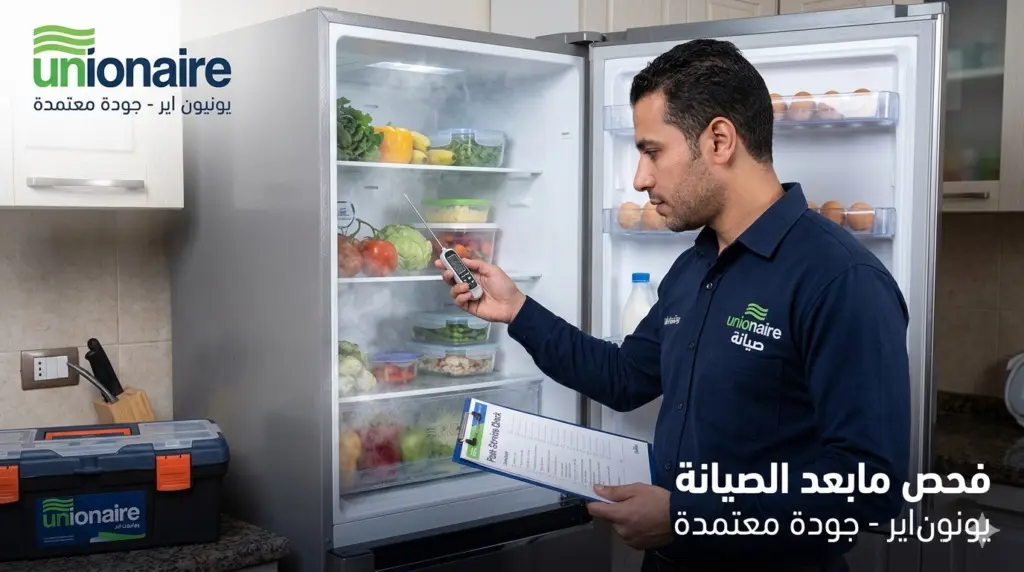 صورة توضيحية حول فني صيانة ديب فريزر يقوم بفحص الحرارة داخل مطبخ عميل.