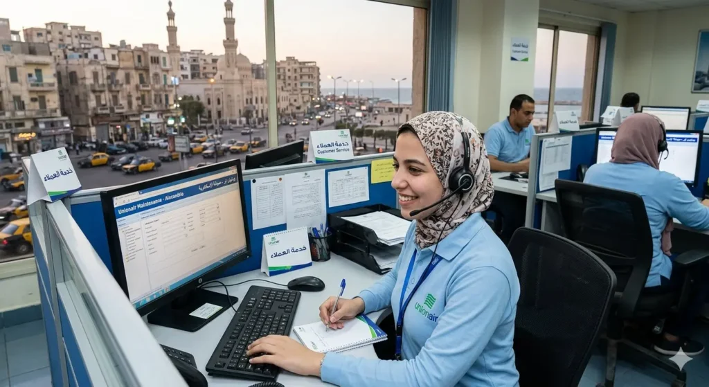 موظفة خدمة العملاء بالاسكندرية تتلقى بلاغات الاعطال.
