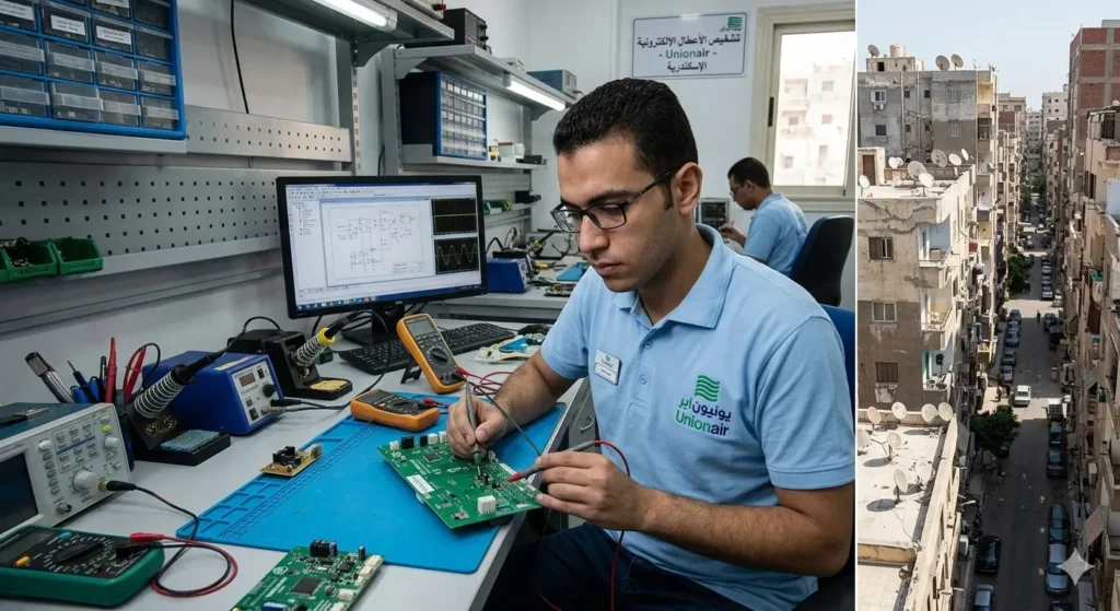 مهندس صيانة غسالات يونيون اير يقوم بفحص لوحة الكترونية لغسالة.