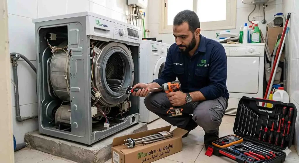 فني يقوم بصيانة غسالة ملابس
