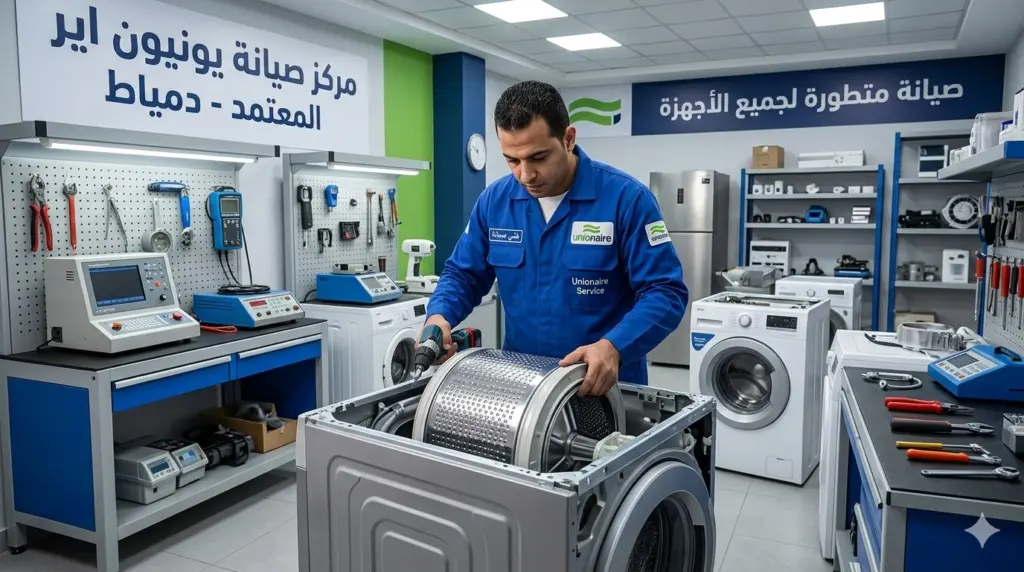صورة توضيحية حول فني صيانة غسالات يقوم بفحص حلة غسالة يونيون اير داخل الورشة