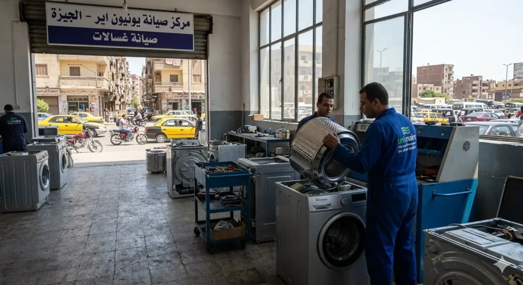صورة توضح فني صيانة يقوم باستبدال حلة غسالة فى ورشة الصيانة