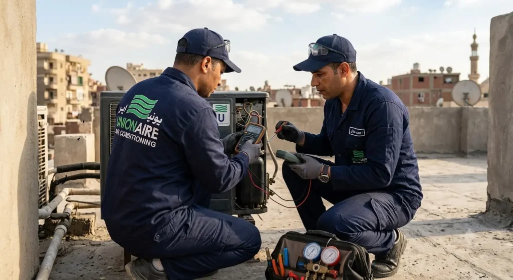 صورة توضح اثنين من فنيين صيانة تكييفات يونيون اير يقومون بفحص الوحدة الخارجية لتكييف يونيون اير