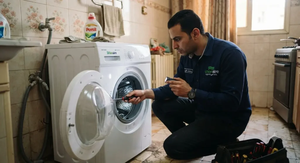 صورة توضيحية لفني صيانة الغسالات يقوم بفحص باب غسالة